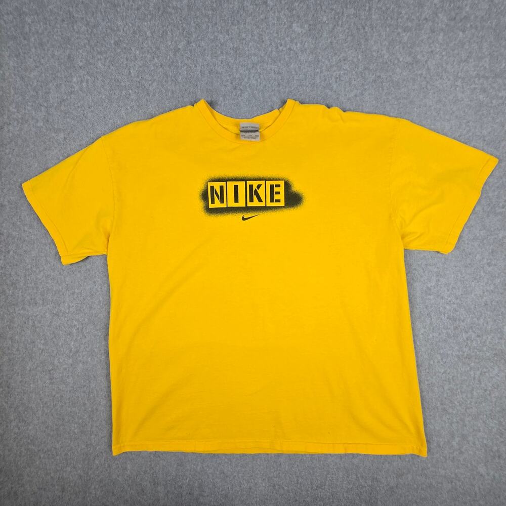 Vintage Nike XXL Yellow Short Sleeve T-Shirt Graffiti Style Graphic Chest Logo